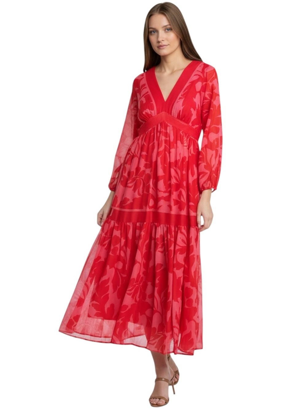 NWT TAYLOR Red & Pink Floral Long Sleeve V-Neck Tiered Maxi Dress Size 4 - Picture 2 of 4
